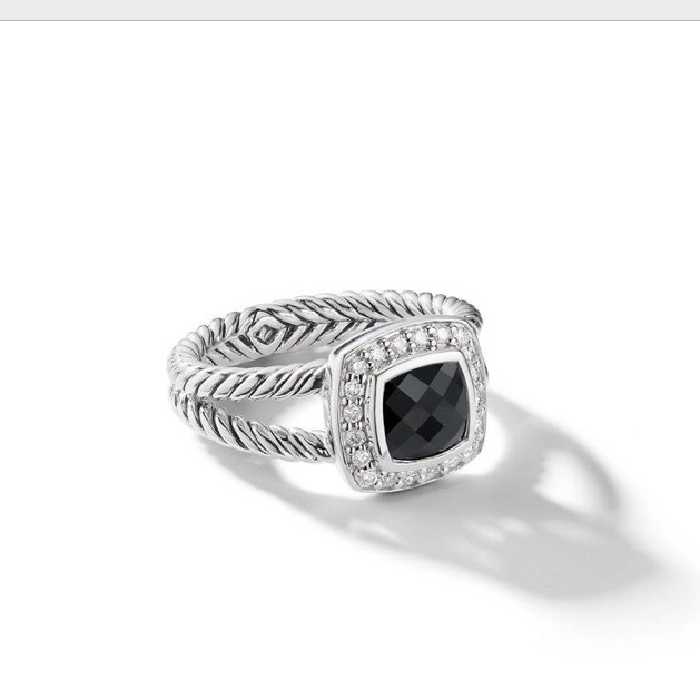 David Yurman Sterling Silver Ring With Black Onyx And Diamond Halo